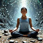 **Image of a serene individual meditating amidst a chaotic digital landscape, symbolizing stress reduction through mindfulness.** (Focuses on mental well-being and escaping tech-induced stress).