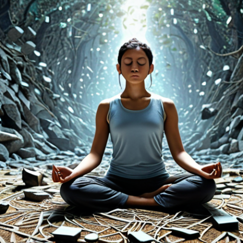 Home 4 **Image of a serene individual meditating amidst a chaotic digital landscape, symbolizing stress reduction through mindfulness.** (Focuses on mental well-being and escaping tech-induced stress).