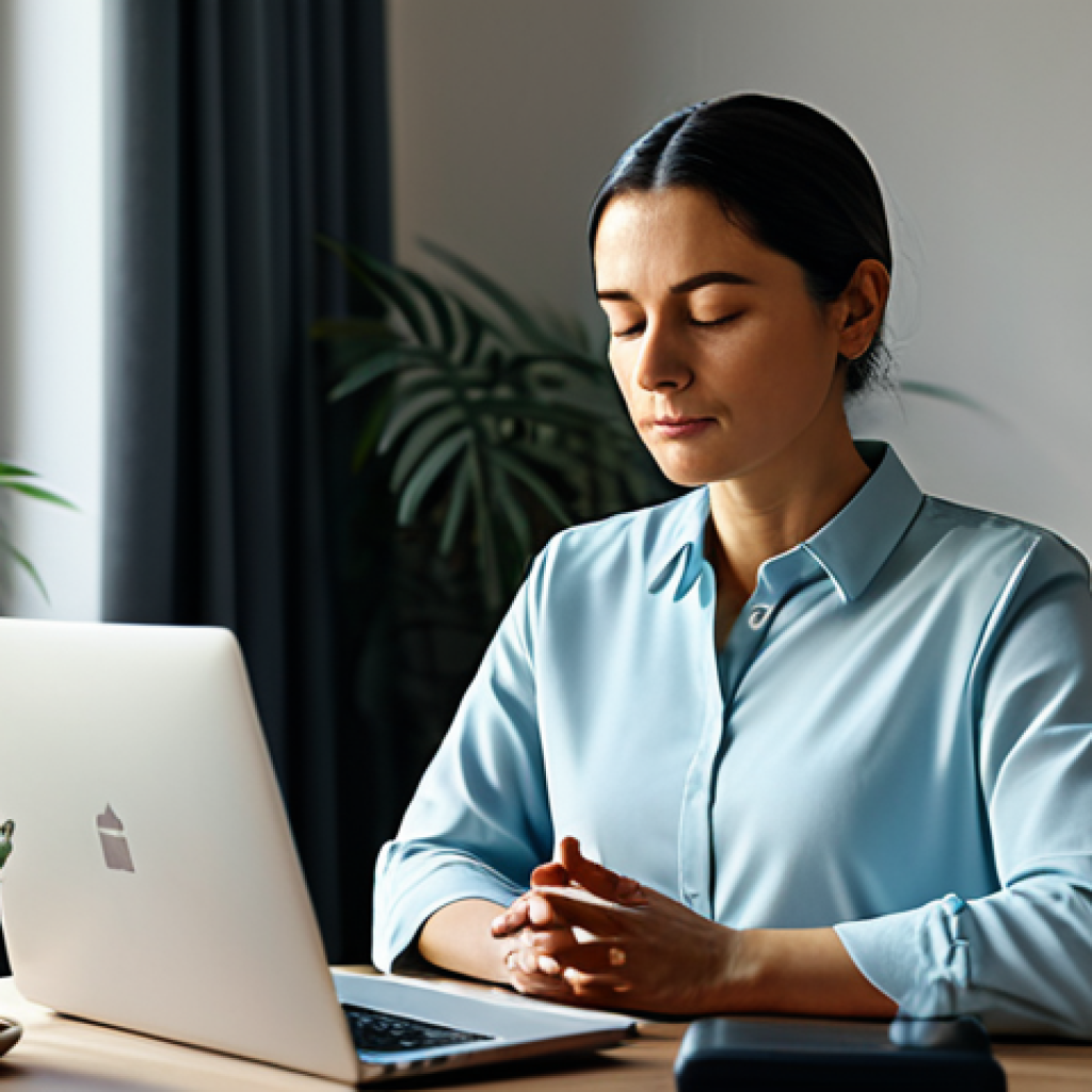 ** A professional woman in modest, professional attire, calmly meditating in a serene home office. Soft lighting, plants in the background, laptop closed. Focus on peaceful expression. safe for work, appropriate content, fully clothed, professional, perfect anatomy, natural proportions, well-formed hands, proper finger count. **
