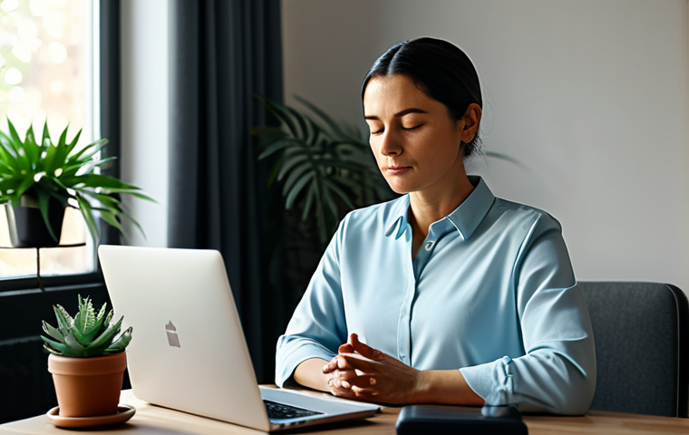 ** A professional woman in modest, professional attire, calmly meditating in a serene home office. Soft lighting, plants in the background, laptop closed. Focus on peaceful expression. safe for work, appropriate content, fully clothed, professional, perfect anatomy, natural proportions, well-formed hands, proper finger count. **