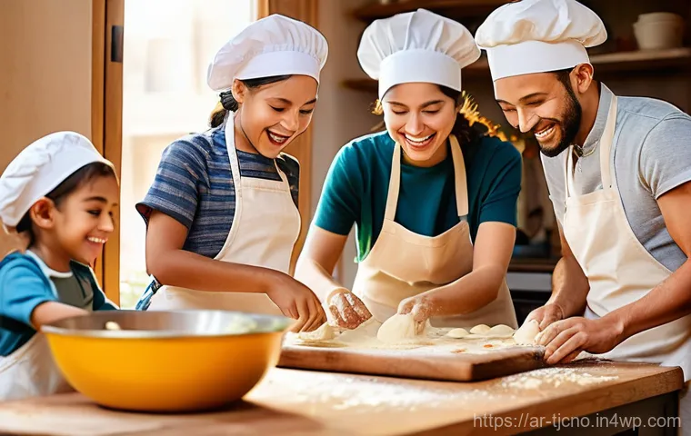 테크노스트레스 극복을 위한 집단 활동 - **Family and Friends Cooking Traditional Meal:** A warm and lively kitchen scene featuring a div...