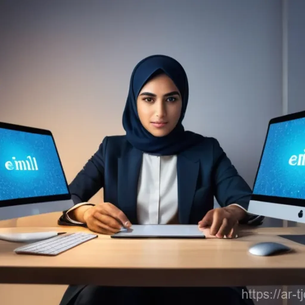 테크노스트레스와 경력 개발 - **Prompt:** A young Arab professional, male or female, in a modern, well-lit home office, looking sl...