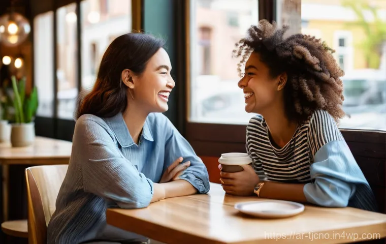 디지털 기기 사용으로 인한 스트레스 해소법 - **Prompt 1: Mindful Disconnection and Genuine Laughter** "A vibrant, eye-level shot of two young...