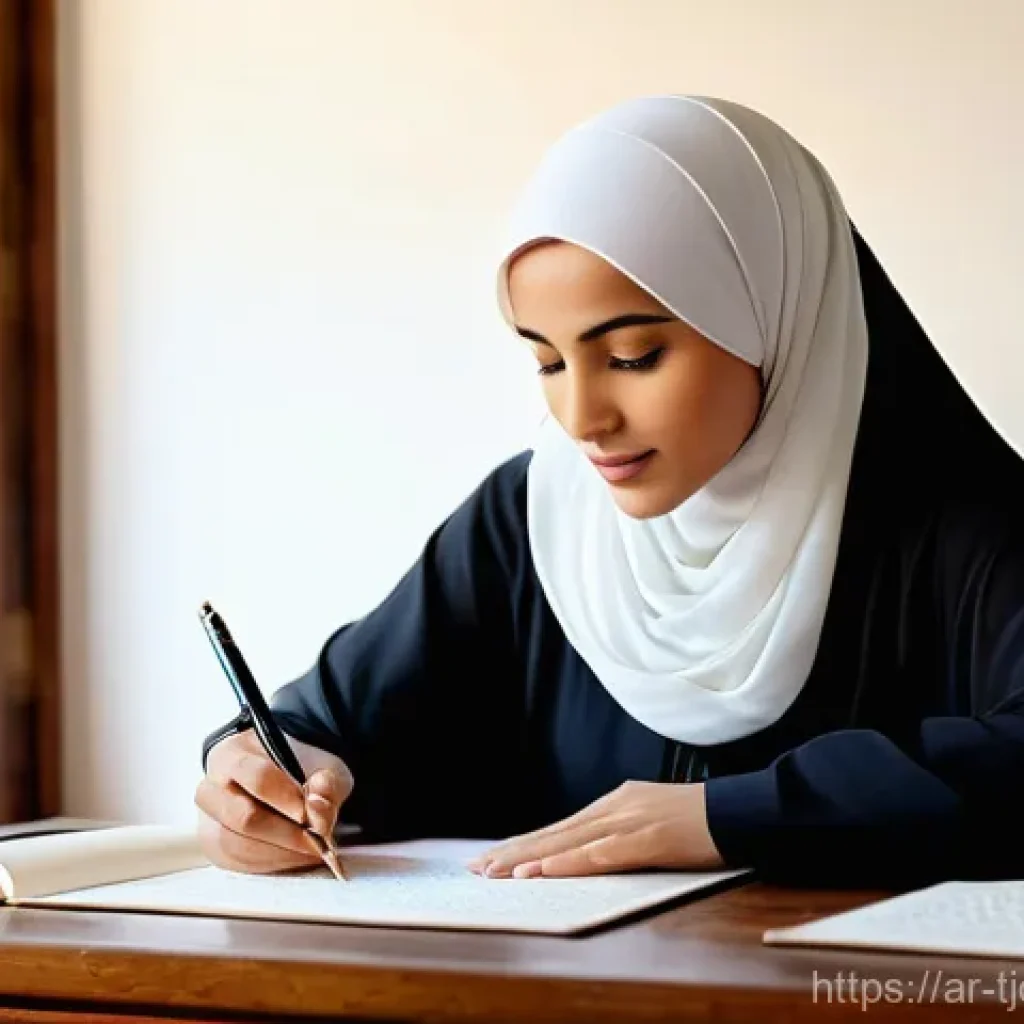 테크노스트레스 해소를 위한 취미 활동 - **The Calligrapher's Sanctuary** A serene portrait of a young to middle-aged Arab woman, dressed...