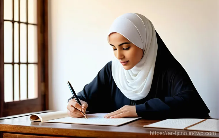 테크노스트레스 해소를 위한 취미 활동 - **The Calligrapher's Sanctuary** A serene portrait of a young to middle-aged Arab woman, dressed...