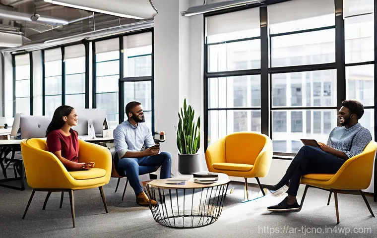 테크노스트레스 관리에 효과적인 리더십 - **Prompt:** "Inside a bright, contemporary office training room, a diverse group of employees (men a...