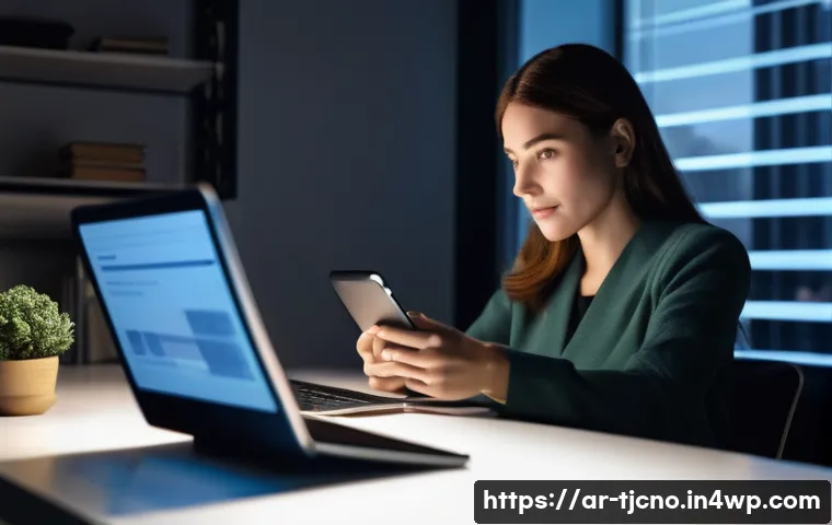 테크노스트레스와 세대 간 차이 - **Prompt: The Weight of the Digital World** "A candid, cinematic portrait of a woman in her late...