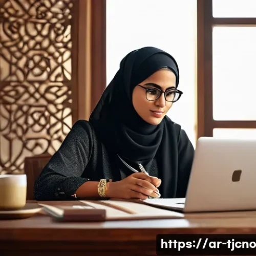 Home 29 테크노스트레스와 감정 관리 기법 - A detailed, culturally resonant scene depicting a young Arab professional woman sitting at a traditi...