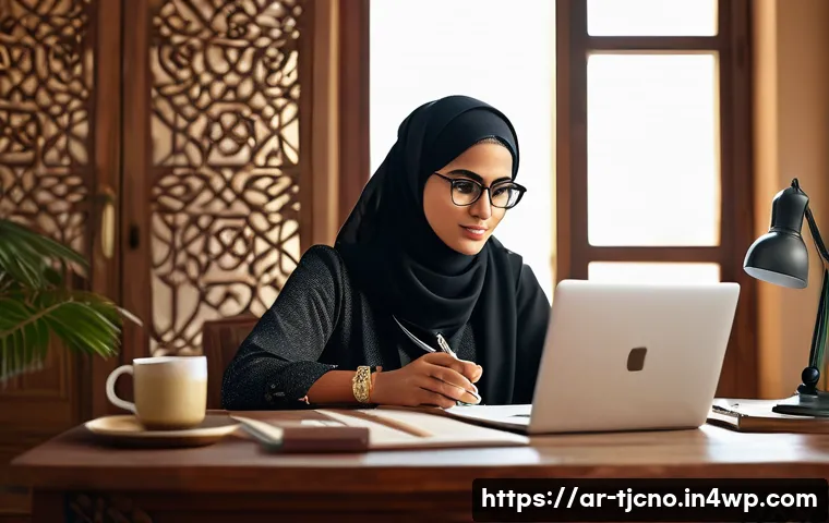 테크노스트레스와 감정 관리 기법 - A detailed, culturally resonant scene depicting a young Arab professional woman sitting at a traditi...