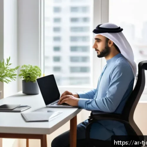 Home 28 테크노스트레스와 일과 삶의 균형 - A modern Arab home office setup featuring a comfortable ergonomic chair and a sleek desk positioned ...