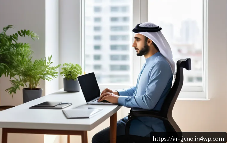 테크노스트레스와 일과 삶의 균형 - A modern Arab home office setup featuring a comfortable ergonomic chair and a sleek desk positioned ...