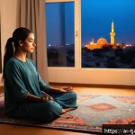 Home 21 테크노스트레스 관리 체크리스트 - A serene bedroom scene in a modern Middle Eastern home at dusk, featuring a young adult woman practi...