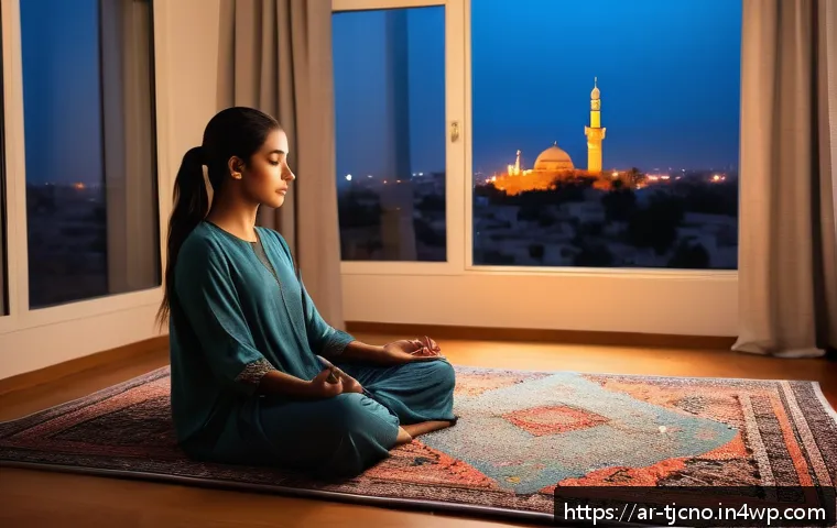 테크노스트레스 관리 체크리스트 - A serene bedroom scene in a modern Middle Eastern home at dusk, featuring a young adult woman practi...