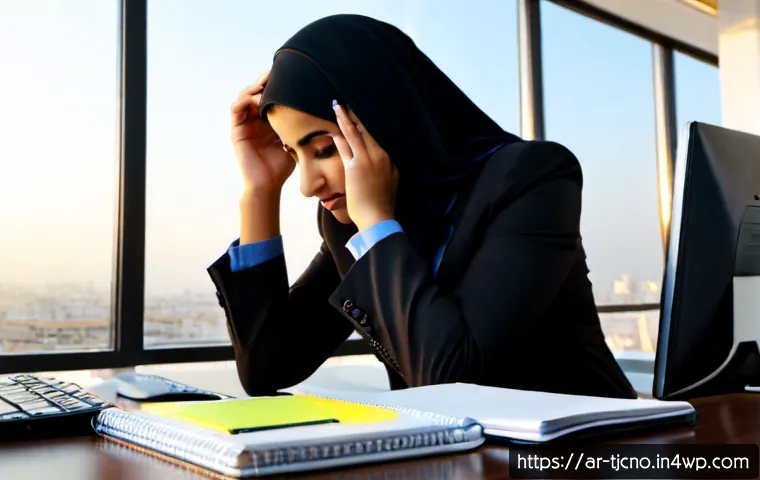 Home 17 테크노스트레스와 직장 생활의 관계 - Photorealistic modern office in an Arab Gulf city, a stressed Middle Eastern professional in modest ...