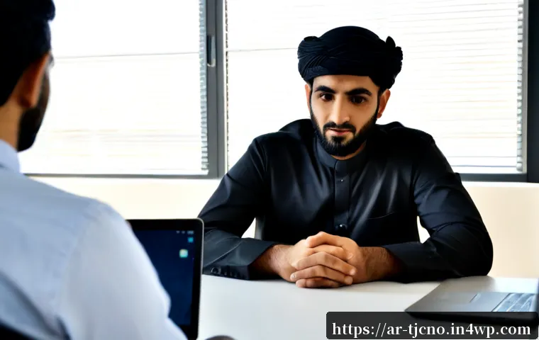 테크노스트레스 인식 및 교육 방안 - Photorealistic Middle Eastern office worker in modest professional clothing seated at a clean desk, ...