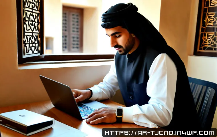 테크노스트레스 관리의 최신 기술 활용법 - Photorealistic modern Gulf Arab home office, calm middle-aged Arab professional in modest business-c...