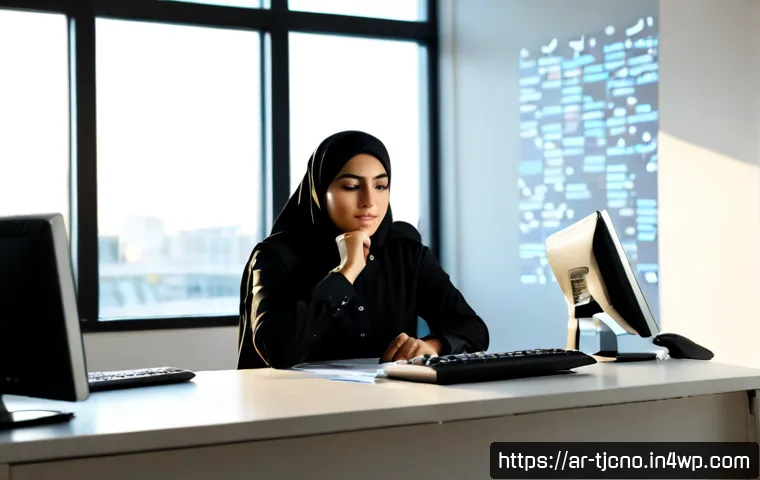 Home 17 테크노스트레스와 기업 생산성의 상관관계 - Photorealistic modern Gulf office scene, stressed Arab professional in modest business attire sittin...